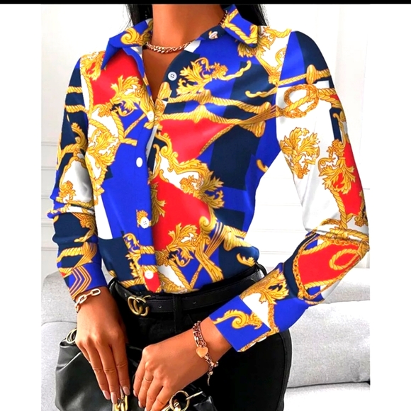 Tops - New blouse printed button down shirt the size is medium on the label says L but
